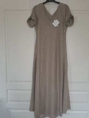 Brunello Cucinelli Taupe Sequin Knit V-Neck Maxi Dress